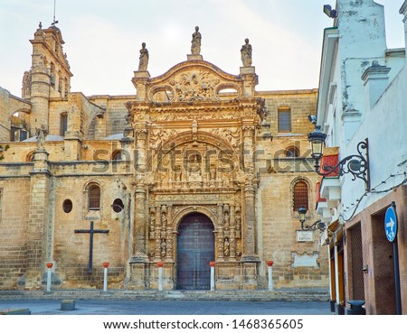 Principal facade of The Great Priory Church and Basilica of Nuestra Senora de los Milagros. El Puerto de Santa Maria. Andalusia, Spain.