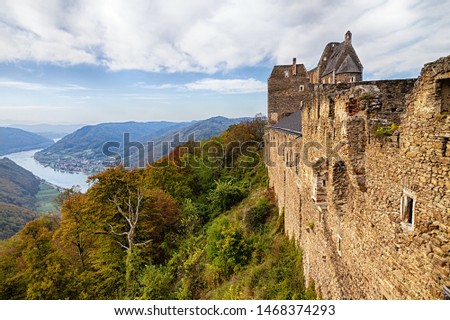 Aggstein castle ruin and Danube river at autumn in Wachau valley, Austria.