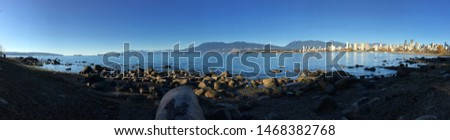 Panoramic view with a beautiful blue sky in the English bay in Vancouver, British Columbia