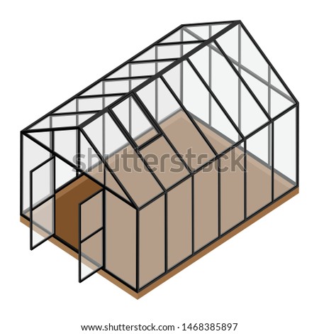 Empty greenhouse with opened door and closed window isometric view isolated on white background. Glass house. 