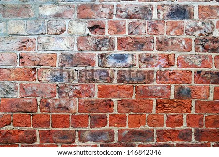 Old brickwork that looks like it was partially painted with white paint in places. Makes colorful background. Non repeating image.