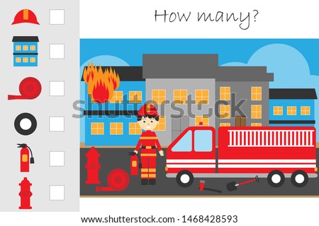 How many counting game, fire and fireman for kids, educational maths task for the development of logical thinking, preschool worksheet activity, count and write the result, vector illustration
