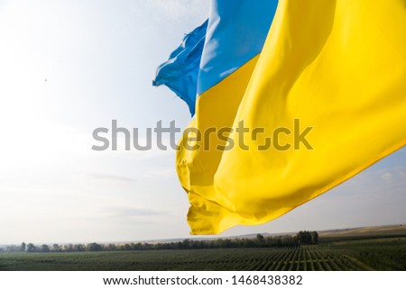 Ukrainian flag in the wind. Against the background of the sky