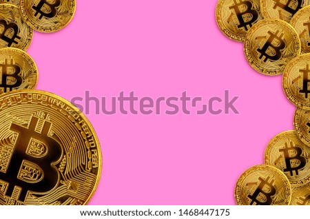 Many golden bitcoins with copy space. Cryptocurrency mining concept