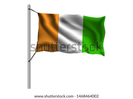Waving Cote d'ivoire flag on flagpole on isolated background, flag of Cote d'ivoire, vector illustration