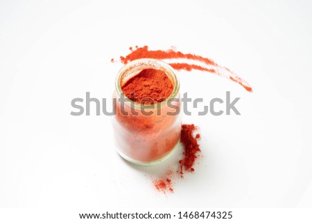 Picture of jar with paprika powder on white background