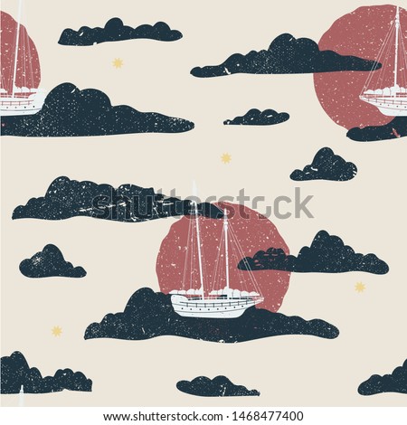 Whimsical flying sailboat seamless illustrated pattern.