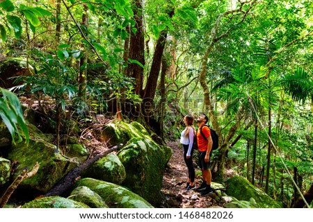 Couple exploring in the lush Lamington National Park, Queensland, Australia Royalty-Free Stock Photo #1468482026