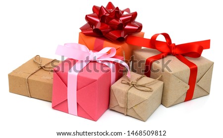 various colorful gift boxes on white background