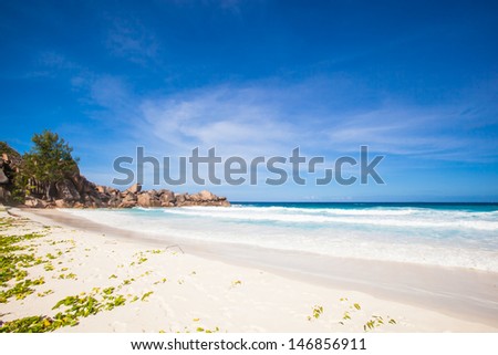 background of a tropical beach with green palms and brown granite rocks, a turquoise sea and a blue sky with white clouds, Seychelles, La Digue