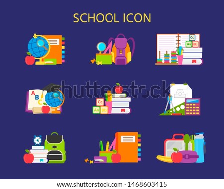 Vector cartoon illustration school supplies icon, stickers, emblems.  Back to School concept. School supplies learning equipment and different school supplies colorful office accessories, big set.