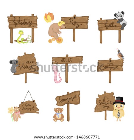 Set with cute animals near wooden signboard with the inscriptions on the summer theme in vector. Cartoon illustration