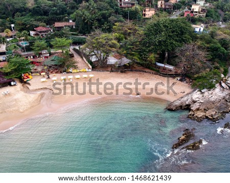 Beautiful aerial view froma a drone of Curral Beach in Ilhabela, Brazil.