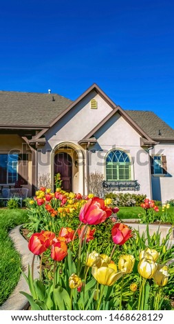 Vertical frame Landscaped yard of a home with pathway stairs tulips trees and grasses