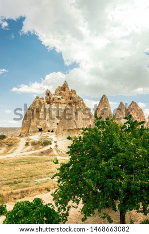 Spectacular rock formations in Meskendir Valley, near Goreme in Kapadokuya, Turkey
