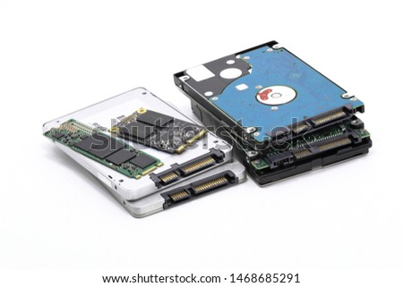 vareity of hard drives for computer - SAS drive, sata drive, NVME PCIe and msata  isolated on white background