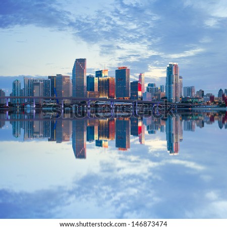 City of Miami Florida, USA summer sunset panorama  with reflections in Biscayne Bay