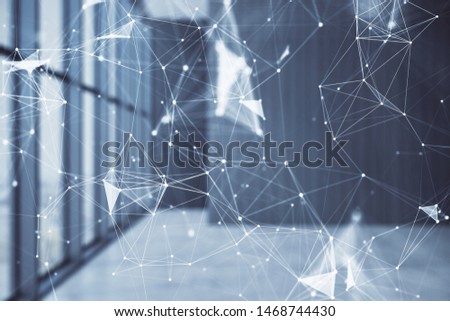 Double exposure of abstract technology hologram on empty room interior background.
