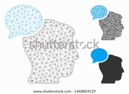 Mesh person idea model with triangle mosaic icon. Wire carcass triangular mesh of person idea. Vector mosaic of triangle elements in different sizes, and color tinges. Abstract 2d mesh person idea,