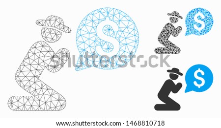Mesh pray for money model with triangle mosaic icon. Wire carcass triangular mesh of pray for money. Vector composition of triangle elements in various sizes, and color tinges.