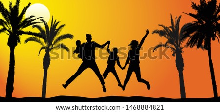 Jumping family on vacation. Silhouettes of people and palm trees, dawn. Vector illustration