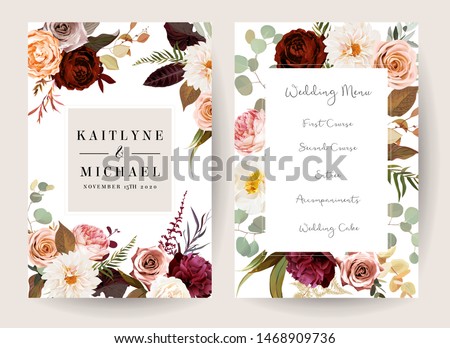 Vertical label baroque frames of leaves and flowers. Rust orange rose, dahlia, peony, ranunculus, burgundy astilbe, fern, eucalyptus vector design. Masterpiece style.Autumn cards.Isolated and editable Royalty-Free Stock Photo #1468909736