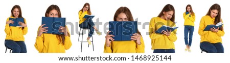 Collage of young woman reading book on white background. Banner design 