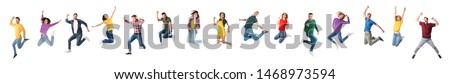 Collage of emotional people jumping on white background. Banner design 