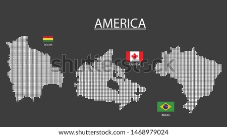 3 Map in America. Bolivia, Brazil, Canada map design square with flag.