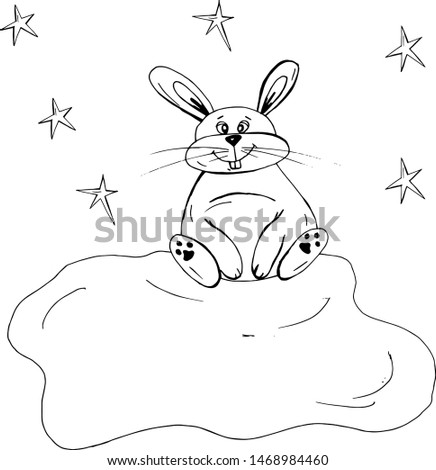 Cute rabbit on a cloud with stars silhouette cartoon hand drawn vector illustration. Can be used for t-shirt print, kids wear fashion design, baby shower invitation card