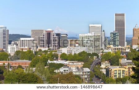 Portland Oregon downtown skyline and Mt. Hood.