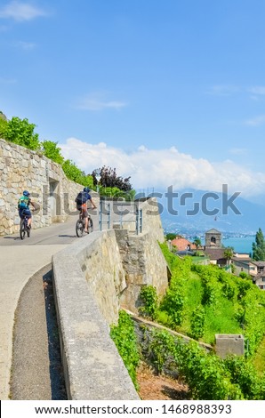 Vertical picture of cyclists driving on panoramic path along terraced vineyards on hills by Lake Geneva, Switzerland. Lavaux wine region. Swiss Summer. Switzerland landscape. Cycling. Active vacation.