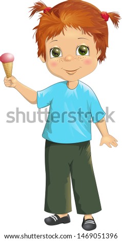 Vector illustration happy cute little girl with ice cream cone. In cartoon style. Clipart isolated on white background