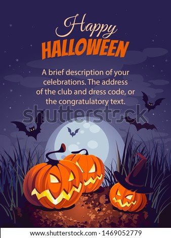 Halloween illustration. Vertical banner with pumpkins on night background. Autumn landscape.