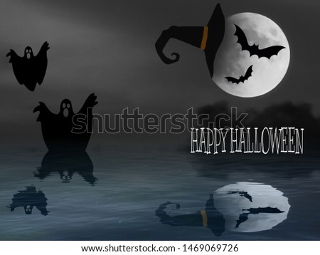 Halloween card with full moon and bats 