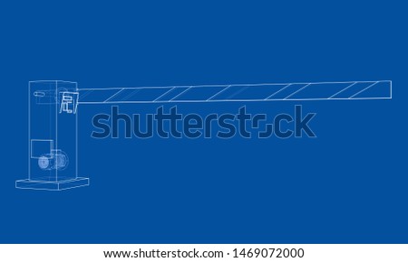 Outline Barrier gate. Vector image rendered from 3d model in sketch style or drawing. Blue background