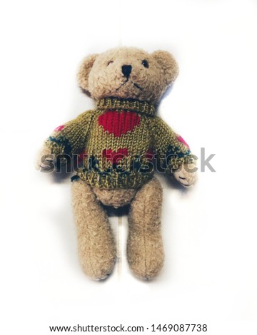 Close-up picture, top view, cute teddy bear  Wearing a winter coat  Isolated white background