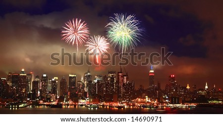 The Mid-town Manhattan Skyline with firework illustration