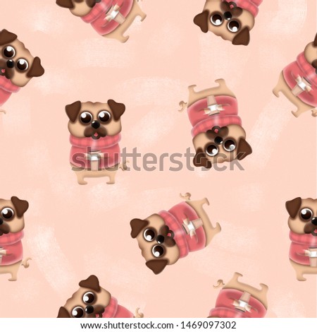 Seamless pattern with cute pug puppies