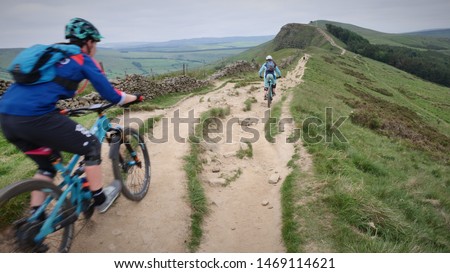 off road cyclists, hollins cross and back tor trail, the dark peak district, derbyshire, england, uk Royalty-Free Stock Photo #1469114621