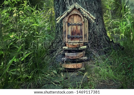 tree with magical wooden fairy door in forest, abstract natural background. Fairy tale tree house in mystery woodland, pixie and elf home. Atmospheric nature image. template for design