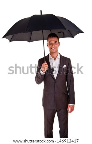 Full length portrait of businessman with opened umbrella