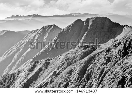 Mountain landscape in black and white tone. Shoot at Yushan National Park at Taiwan, Yushan West peak in the picture. Infrared Photography.