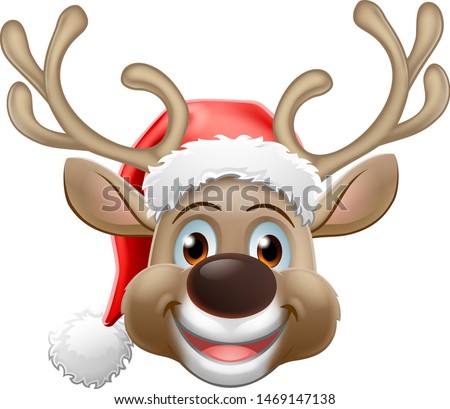 Christmas reindeer red nosed deer cartoon character wearing a Santa Claus hat