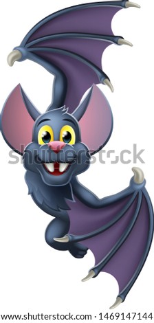 A cute Halloween vampire bat animal cartoon character peeking around from behind a sign and pointing at it with their wing