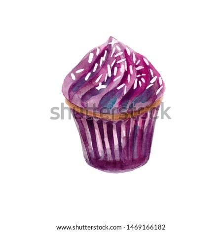Watercolor purple cupcake, hand drawn delicious food illustration, isolated on white background.