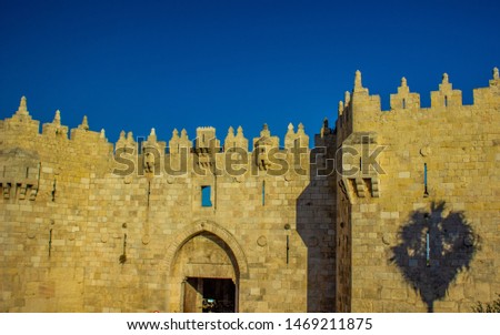 entrance gate of Jerusalem ancient city UNESCO world religion heritage site in Israel, building landmark picture with palm shadow on a wall on blue sky background, copy space