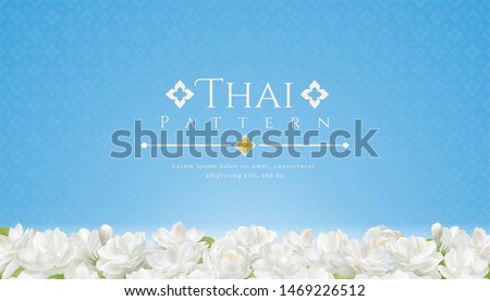 template background for Mothers day thailand and beautiful Jasmine flower with modern line Thai pattern traditional concept. Royalty-Free Stock Photo #1469226512