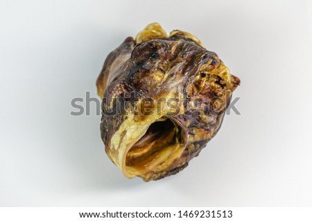 Dried beef larynx on a white background. Soft focus. Horizontal version of the picture.