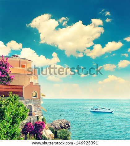 beautiful mediterranean beach landscape, Provence, french riviera, France near Nice and Monaco. retro style picture